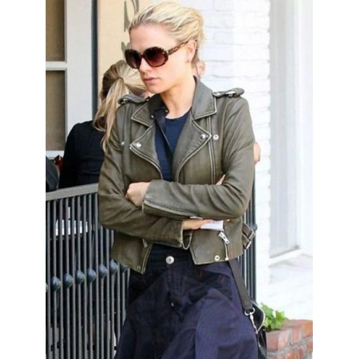 Anna Paquin Olive Green Short Body Leather Jacket